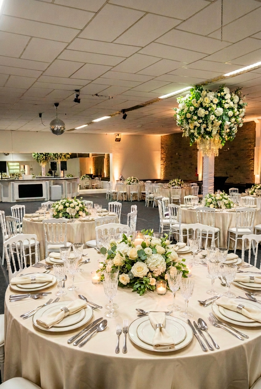 Zaal van The Lounge met ronde tafels, witte Napoleon stoelen en vrije dansvloer